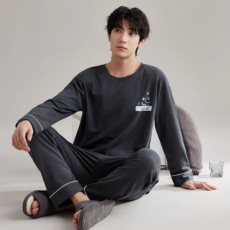 Men Pure Cotton Pajamas 2024 Spring Autumn Long Sleeve Casual Large Size Homewear Suit Teenagers Round Neck Simple Sleepwear Set