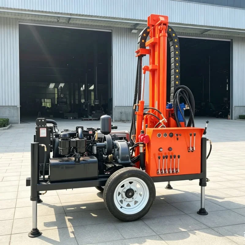 

Customized Wheeled water well drilling rig, dual water and air water well drilling rig, wheeled towed hydraulic drilling rig