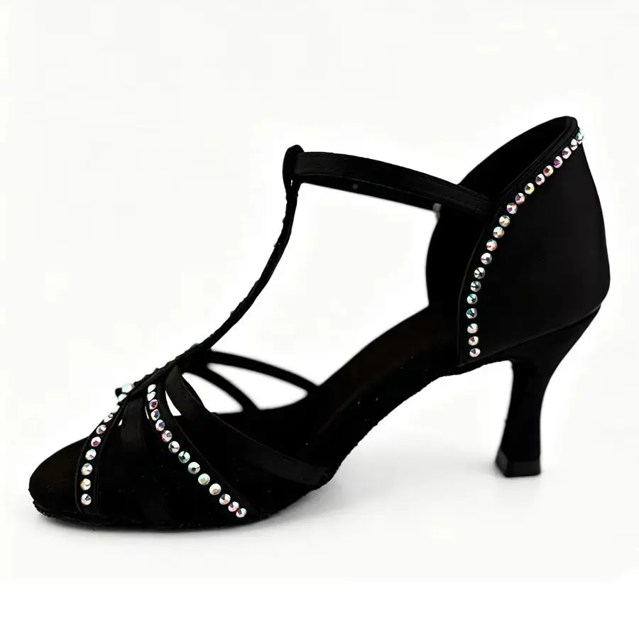 Women's Latin Dance Shoes Black Rhinestone Salsa Ladies Ballroom Dance Suede 7CM Heels Performance Open Toe Dancing Sandals