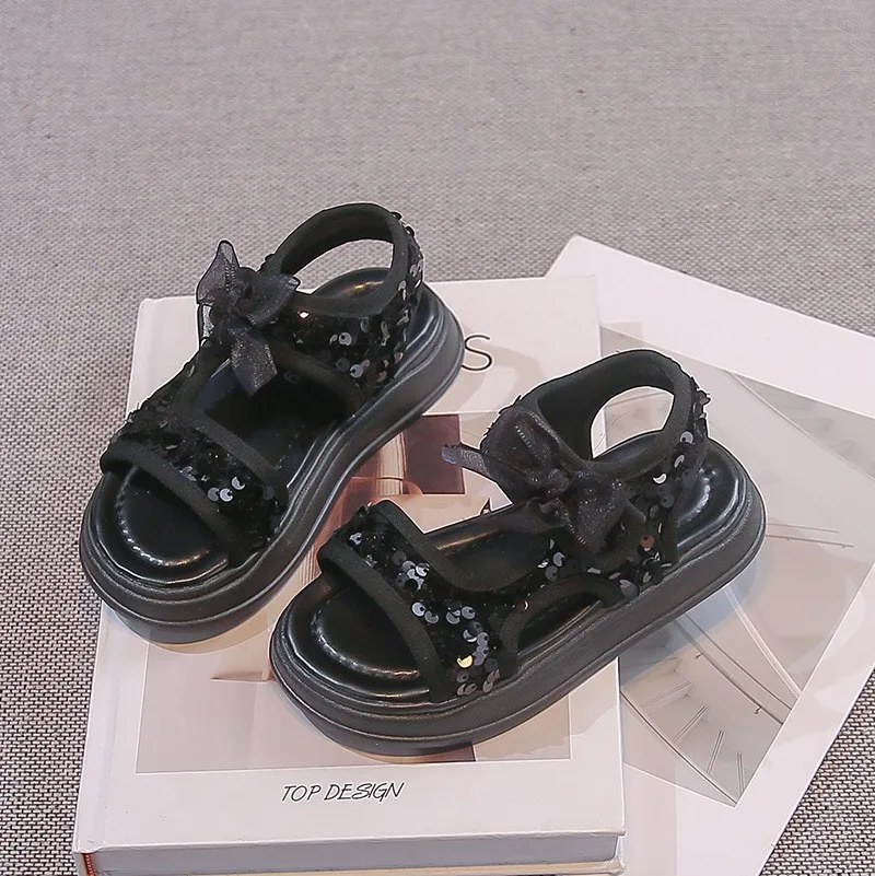 

Kids'Casual Shoes Sandals Solid Color Bow Sequin PU Leather Summer Flat Shoes For Girls Anti-slip Silver Black Shoes Size 26-35