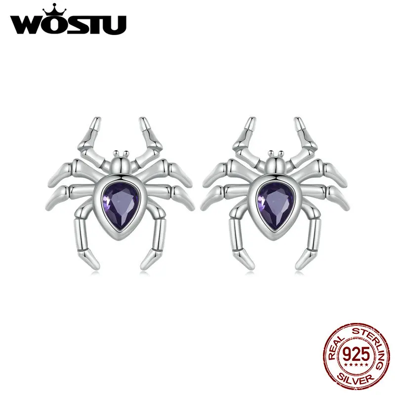 WOSTU Original 925 Sterling Silver Spider Earrings with Purple Zircon for Women Girls Fine Jewelry Birthday Party Vintage Gift