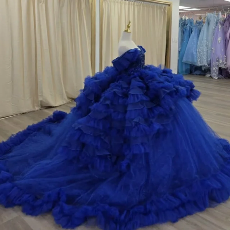 ชุดเดรสงาน Quinceanera สีน้ำเงินรอยัล ประดับลูกไม้ คริสตัล ผ้าทูลล์ ลายปักโบว์ ชั้นเลเยอร์ ชุดเดรสสำหรับงาน Quinceanera อายุ 15 ปี ﻿ ปรับแต่งได้