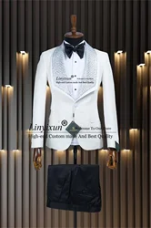 Fashion Jacquard Men Suits With Beaded Crystal Groom Wedding Tuxedos 2 Pieces Sets Male Prom Party Blazer Slim Fit Costume Homme