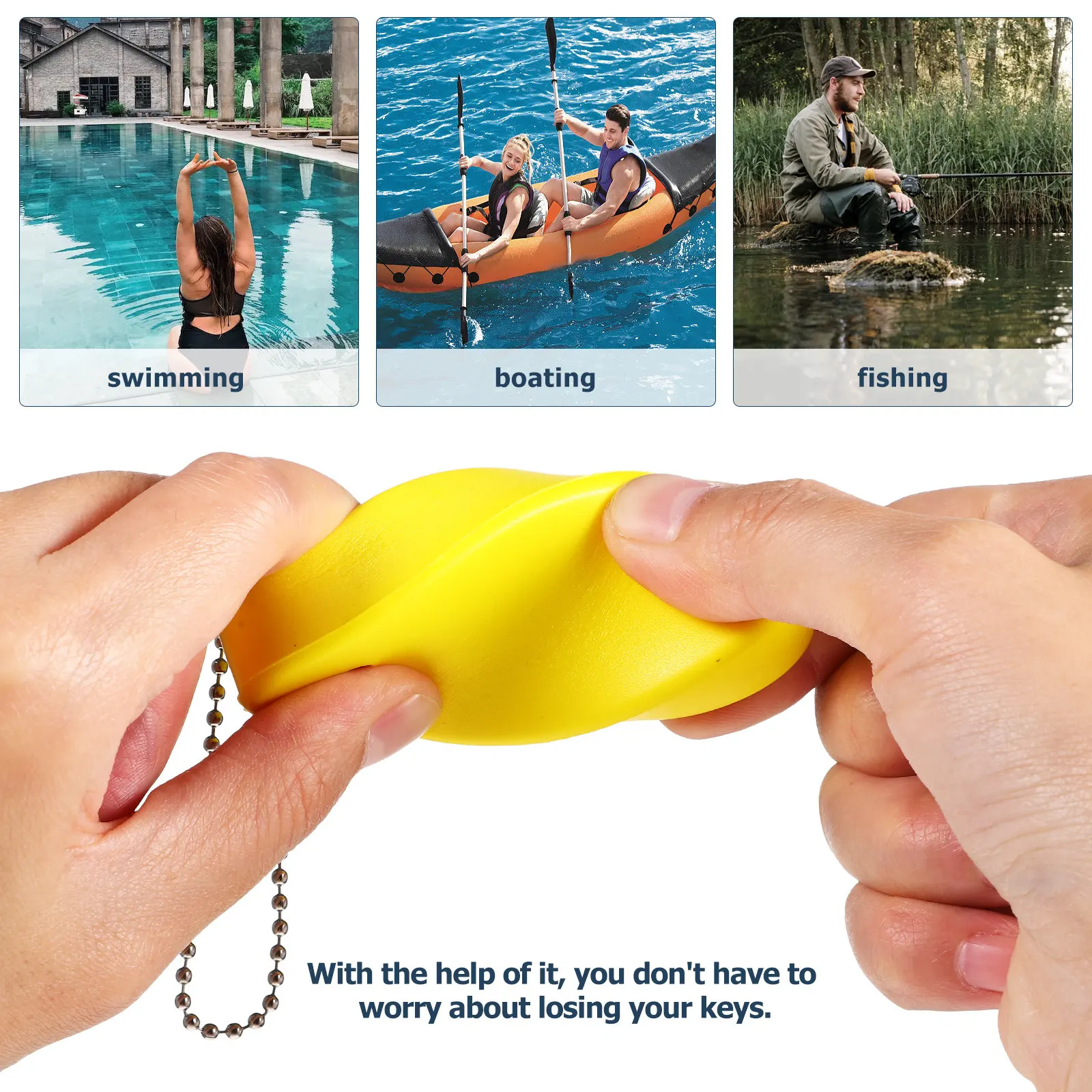 2Pcs Floating Keyrings Oval Float Design Lightweight PU Material Easy Visible Bright Yellow for Boating Swimming Diving Fishing