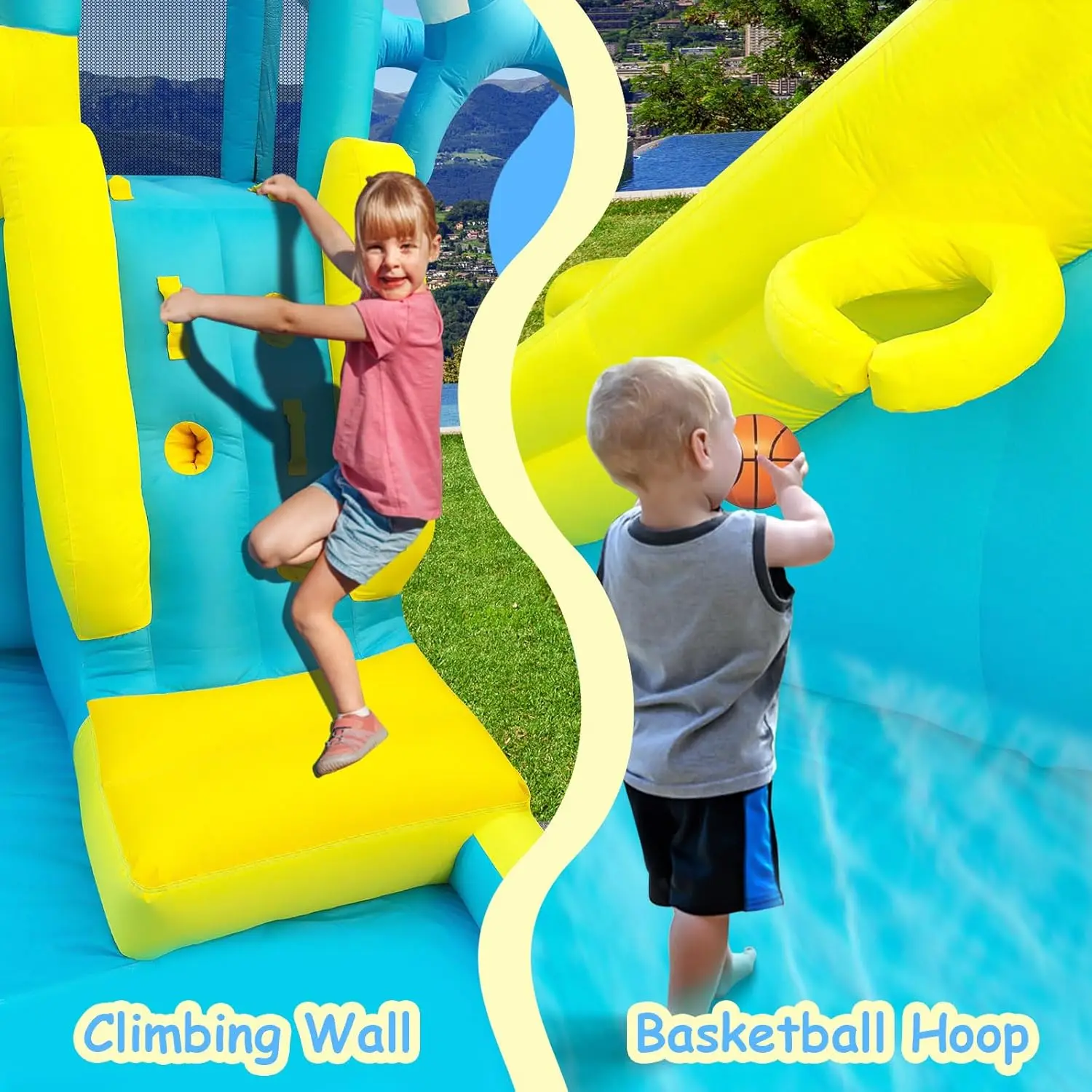 Aufblasbare Wasserrutsche, Delphin Styling Giant Bouncy Waterslide Park, mit extra langer Rutsche, Kletterwand, tiefer Pool, Wasserkanone