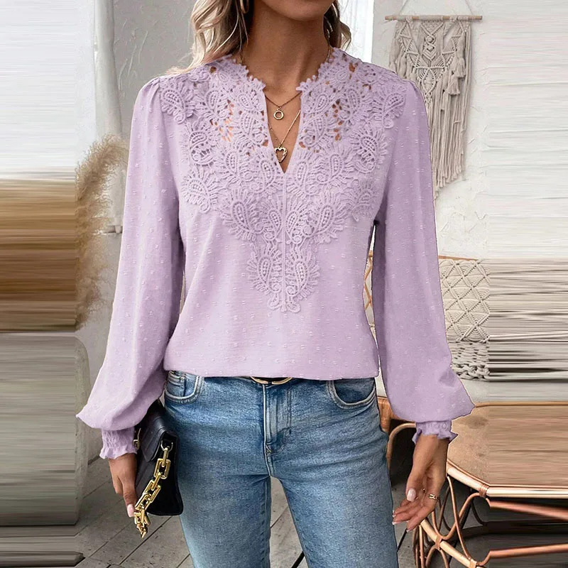 Autumn Fashion New V Neck Lace Patchwork Shirts Female Solid Color Commute Elegant Long Sleeves Office Party Blouses Pullovers