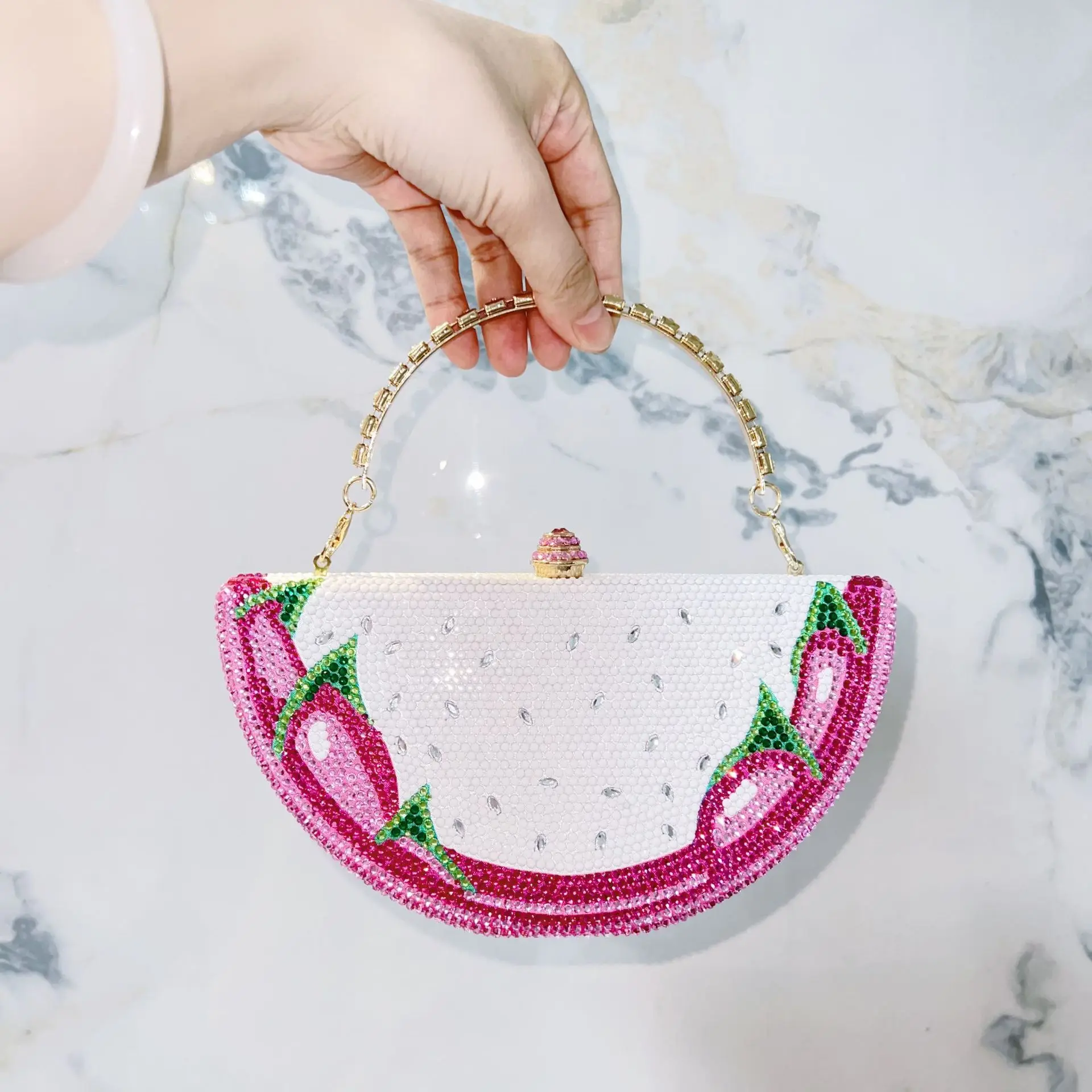 Dragon Fruit Shape Diamond-Embellished Evening Bag Banquet Chain Rhinestone Handbag Women's Crossbody Bag Half-moon Party Bag