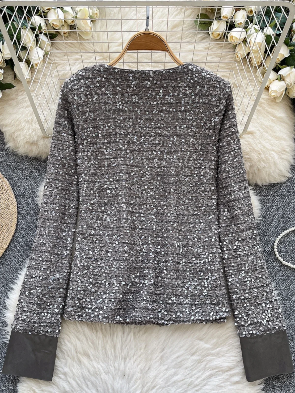 Bling Sequined Ropa Mujer V-neck Long Sleeve Women Clothing Advanced Sense Clothes Moda All-match Camisetas Spring New Tops