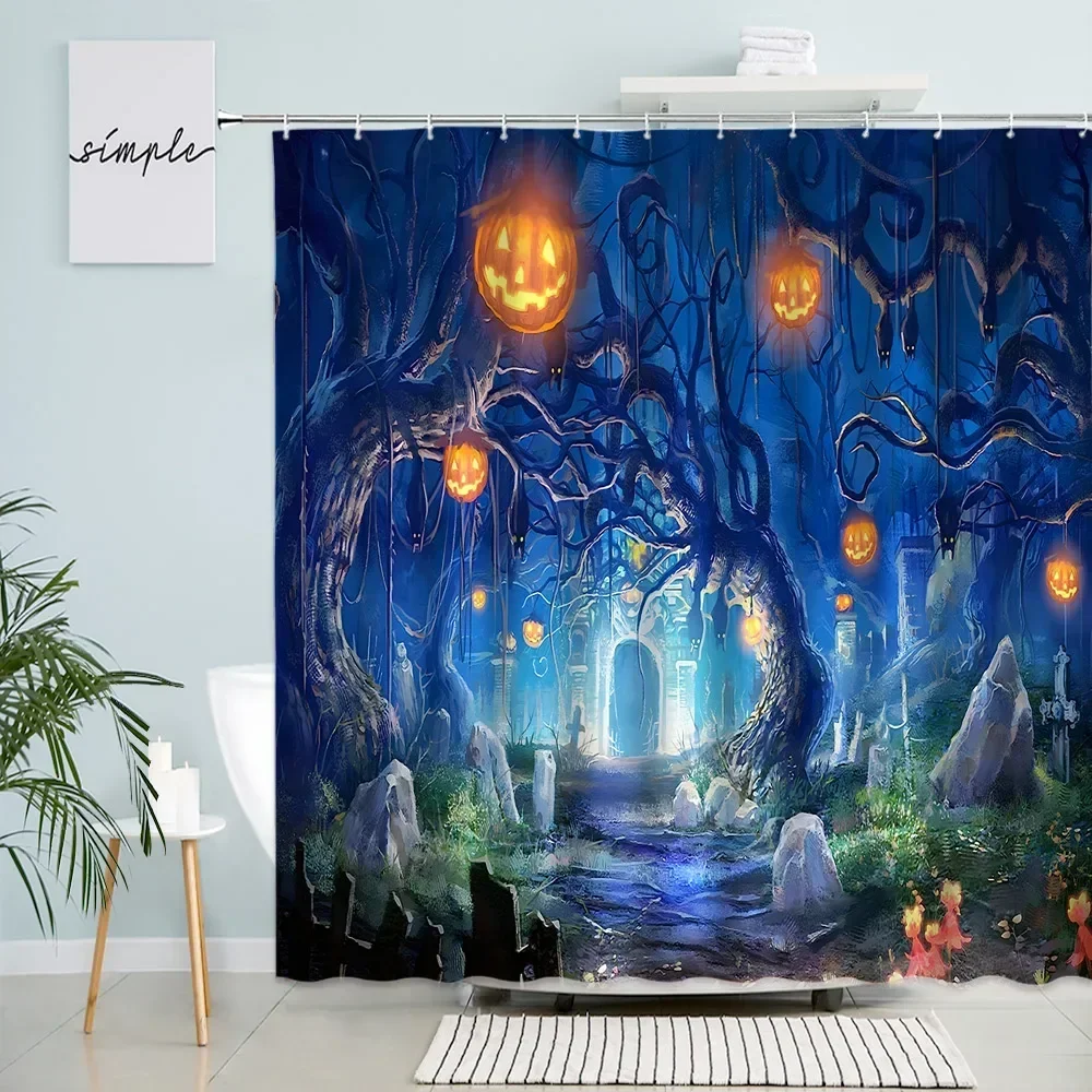 Scary Halloween Shower Curtain Pumpkin Lantern Forest Tombstone Dead Tree Bat Castle Night Landscape Bathroom Decor Curtains Set