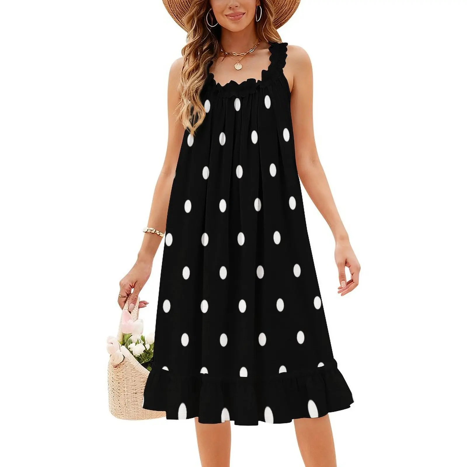 

Polka Dots-Black And White Vintage Bohemian Dress Puff Sleeve Or Sleeveless Options For Women Dress Dots Polka Dots Black White