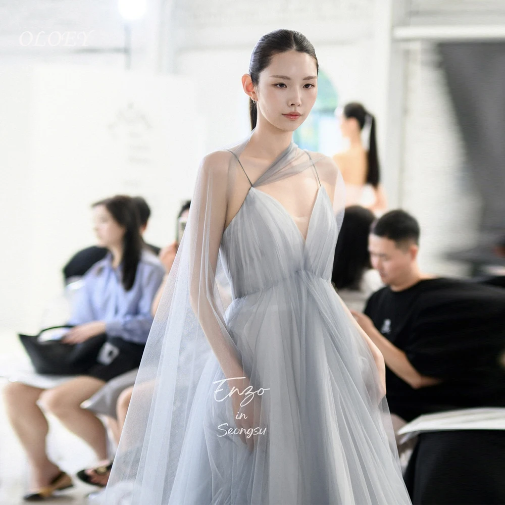 

OLOEY Simple Blue Korea Wedding Dress Photo Shoot Customized Floor-Length Spaghetti Straps Prom Gown Soft Tulle 웨딩드레스