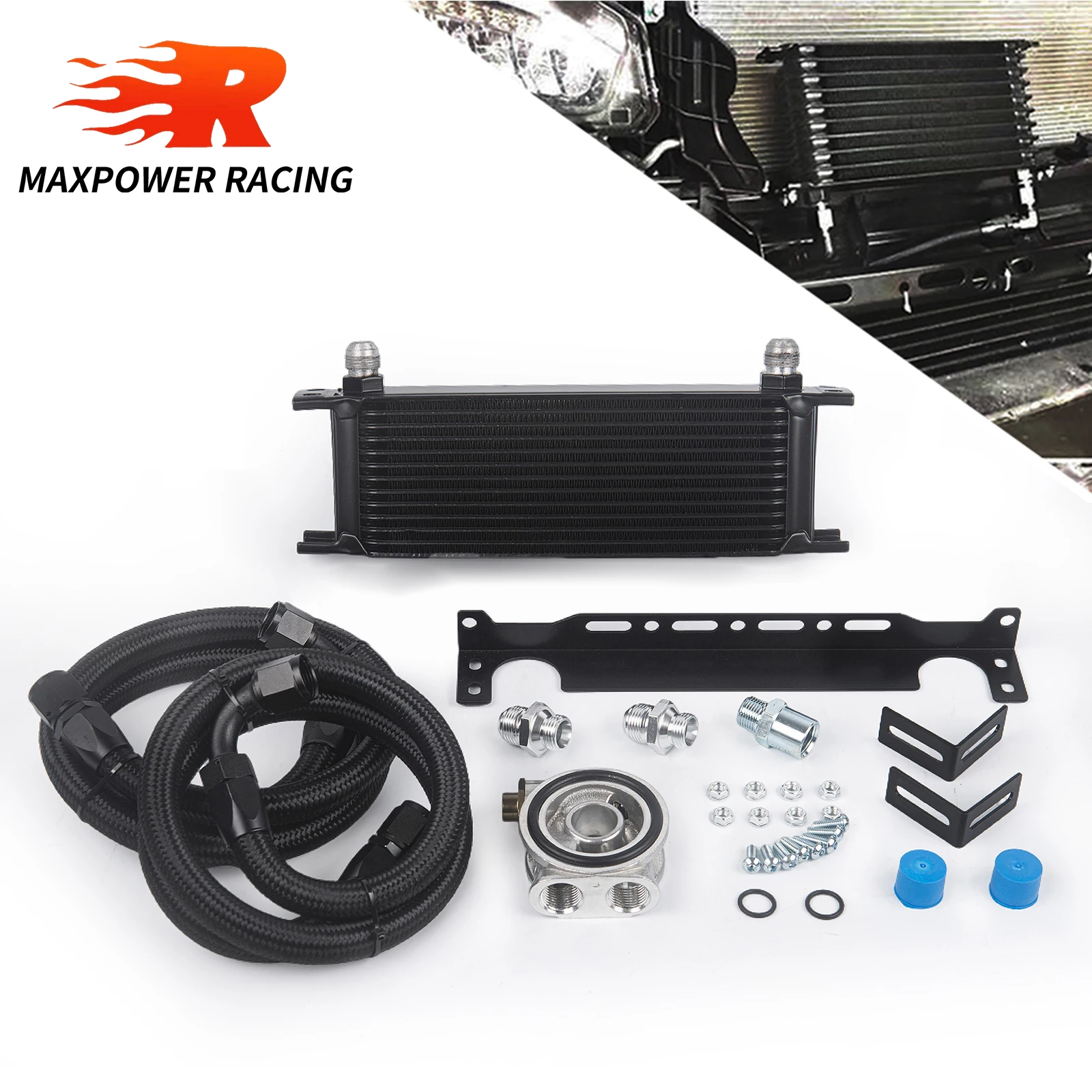 13 Rows Oil Cooler Kit M-Model With Thermostat Sandwich Adapter Nylon Steel Braided AN10 Hose Mounting Bracket