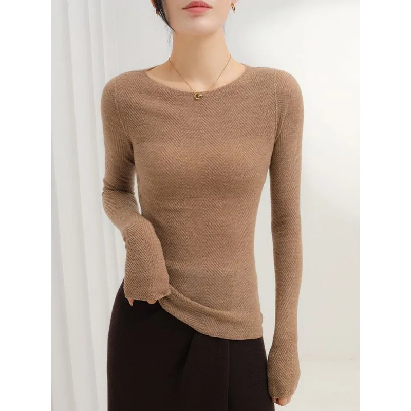 

2025 Новый осенне-зимний вязаный свитер с длинными рукавами, новый текстурированный тонкий свитер с круглым вырезом, серый топ