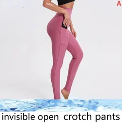 Pantalones de entrepierna abierta para mujer, pantalones de Yoga deportivos ajustados, cadera de melocotón, pantalones de doble cabeza con cremallera Invisible, bolsillo sexual al aire libre