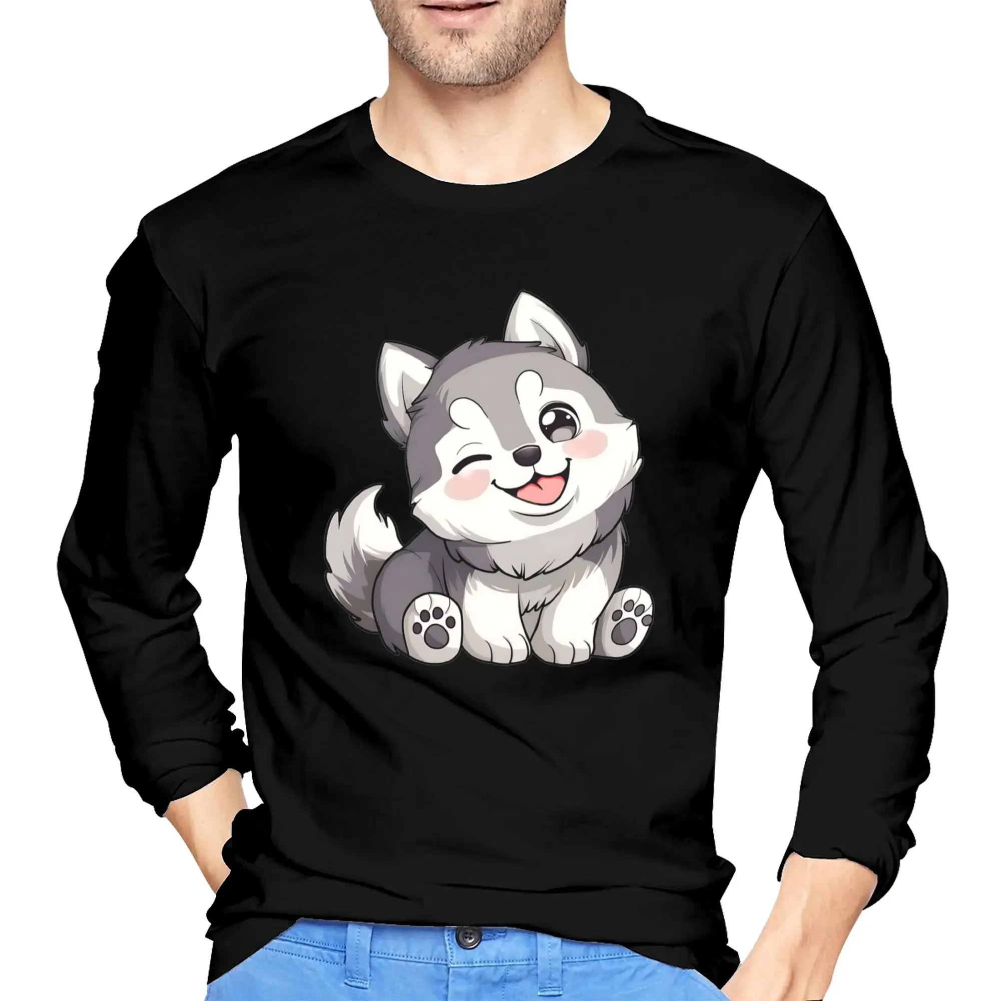 

Милая мужская футболка с длинными рукавами Kawaii Husky, модные футболки с круглым вырезом, весенние и осенние мужские топы