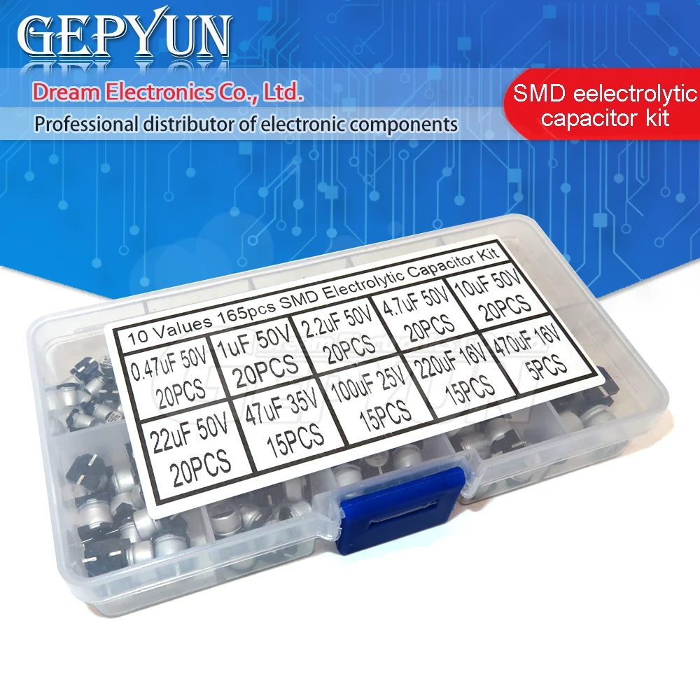 

165Pcs/lot 10Values SMD Aluminum Electrolytic Capacitor Assorted Kit Set Samples Kit 0.47uF 1uF 2.2uF 4.7uF 10uF 22uF 47uF 100uF