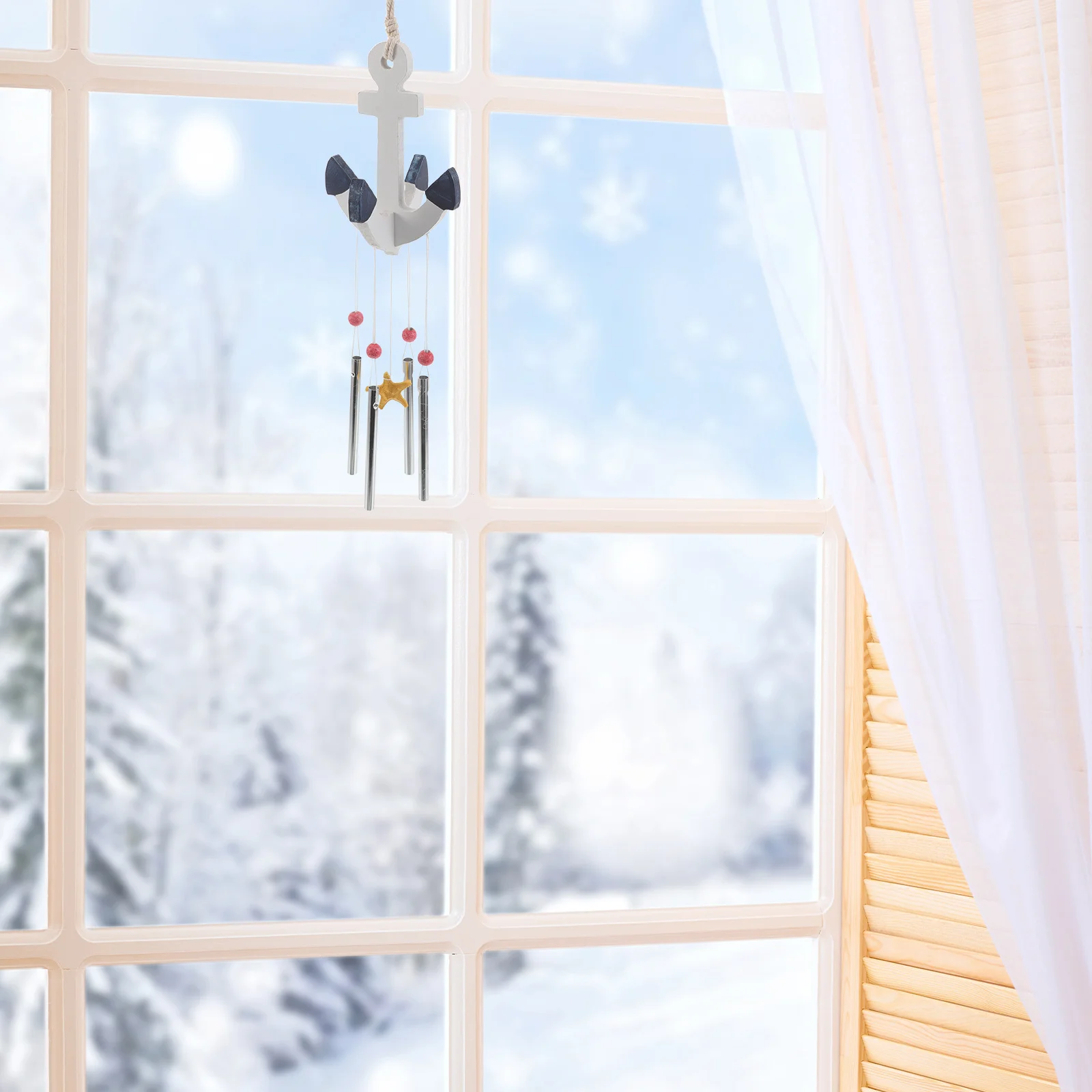 

Wooden Anchor Nautical Wind Chime Mediterranean Style Metal Tube Hanging Ornament Beach Bathroom Coastal Wall Decor