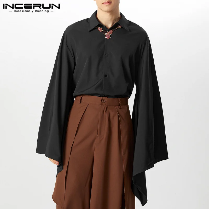 2026 Men Shirt Solid Color Lapel Flare Long Sleeve Button Vintage Casual Men Clothing Loose Streetwear Leisure Shirts INCERUN
