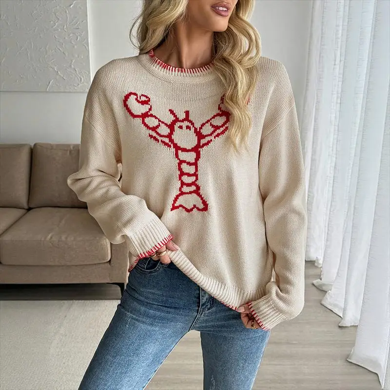 

Women's Khaki Red Lobster Pattern Crew Neck Red Trim Knitted Sweater Long Sleeve Autumn Winter Casual Loose Fit Daily Pullover