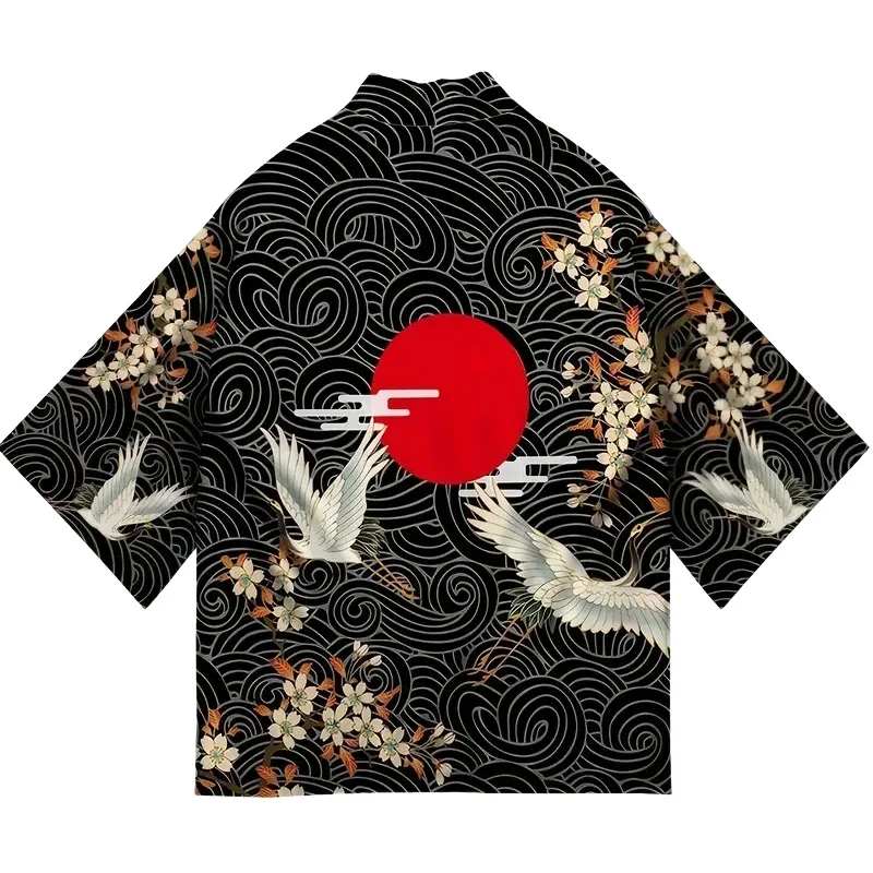Fashion Unisex Sun Wave Crane Sakura Haori Kimono Cardigan 1/2 Sleeve Open Yukata Trend Street Harajuku Style Coat Tops
