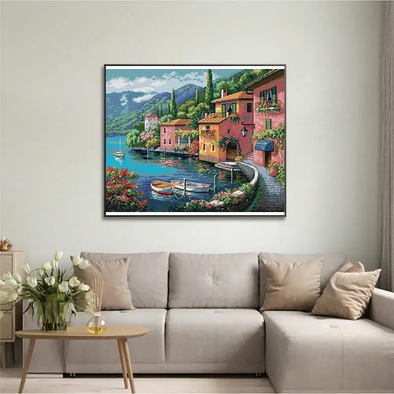 Casa colorata dopo l\'acqua Paesaggio Kit punto croce 14CT Contato 16CT 11CT Tela stampata DMC Filo ricamo Decorazioni per la casa fai da te