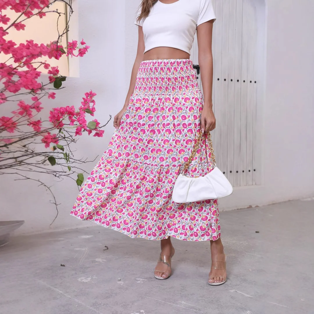 Summer Bohemian Beach Holiday Print Midi Skirt Women's Cross-Border Fashion Large Flounce Half-length Skirts Citywalk PVC