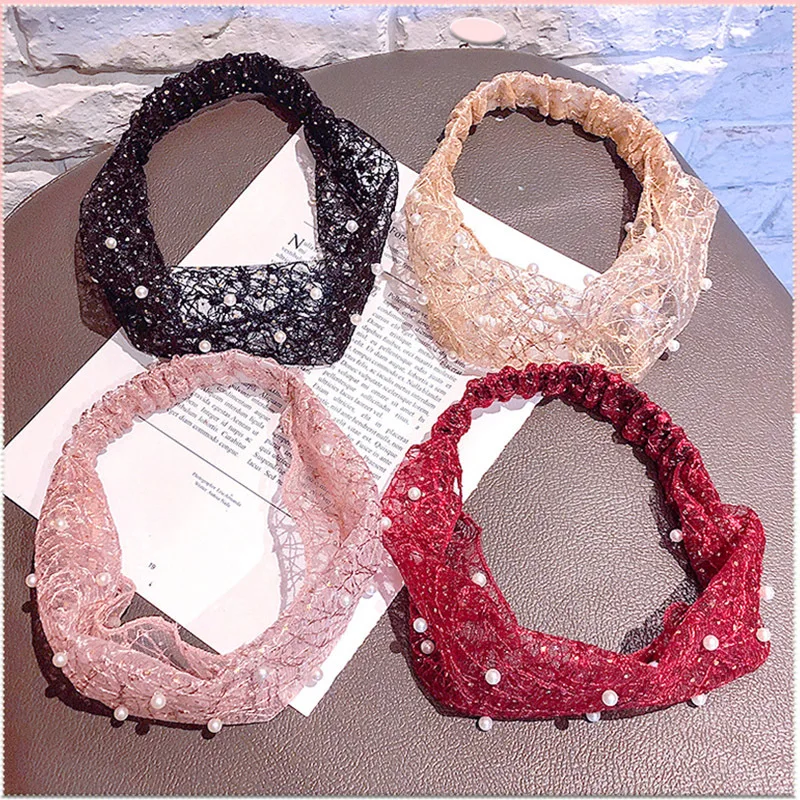 Fashion Lace Wide-Brim Headband for Women to Conceal Grey Hair Elastic Hair Cover with Pearl-Adorned Hair Tie Geometric Design