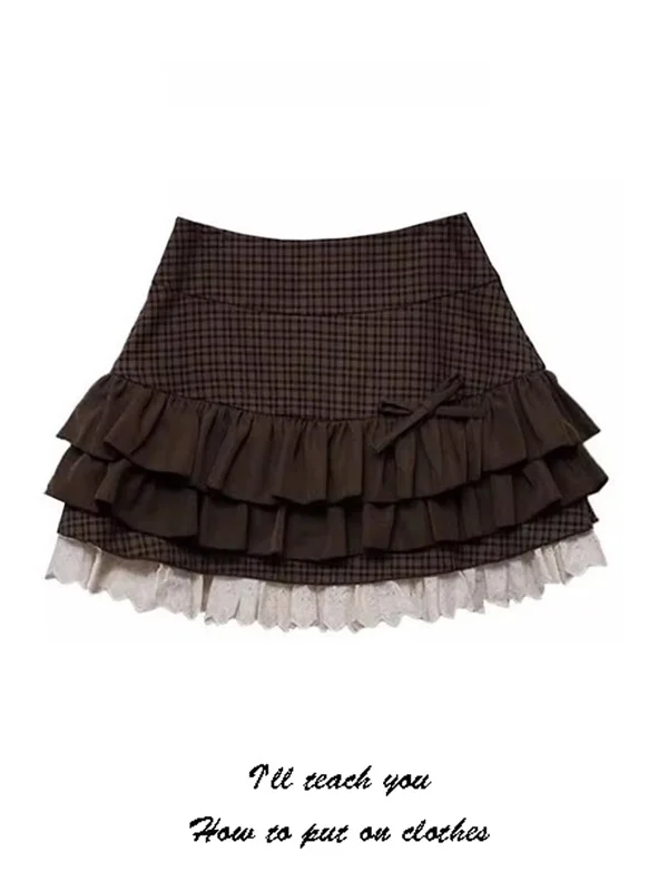 Korean Style  Knot Lace Multi-Layer Fluffy Cake Skirt Women Spring Autumn Sweet Ballet Heavy A-Line  Skirt