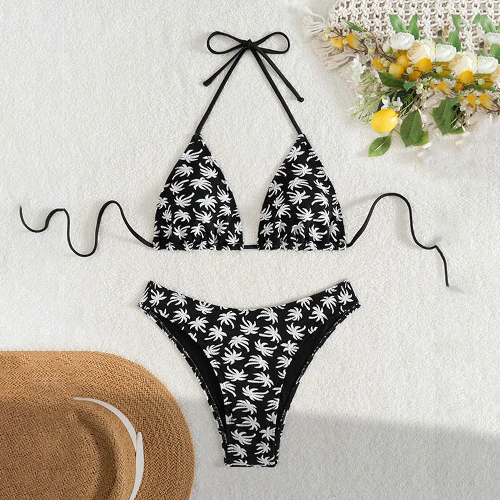1 conjunto senhoras preto biquíni novo floral impresso split maiô feminino sexy halter push up cintura alta hoiday banho
