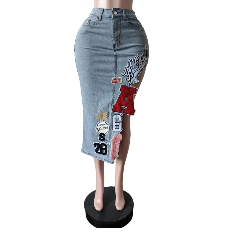 2026 Women Embroidery Denim Skirts High Slit Jean Skirt Ankle Lenth H Line Mid Waist Zipper Slim Elegant Casual Spring Summer