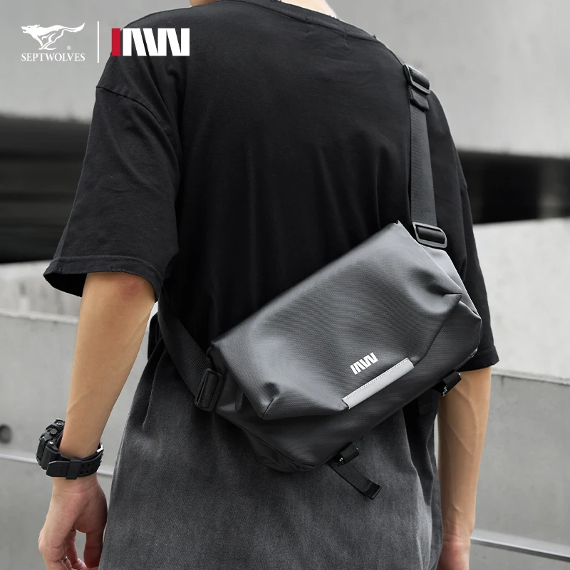 

Septwolves High-quality Leather Crossbody Bag Men One Shoulder Bag With Back Waterproof Zipper Pocket Hiking Sport Travel Use