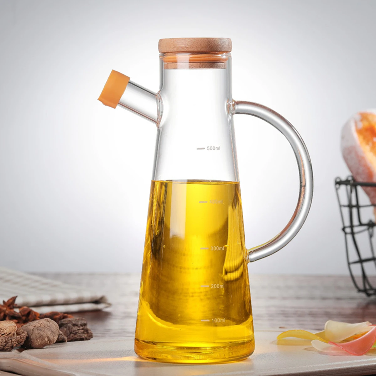 

Borosilicate Glass Oil Dispenser Pot Bamboo Lid Leak Proof Portable Kitchen Vinegar Bottle Storage Oiler Home Party