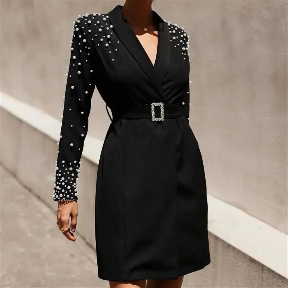 Black Women Suit Jackets Custom Made White Pearls Beaded Blazer Female Fashion Blazer Outwear Party Prom Coat Long Fit Slim