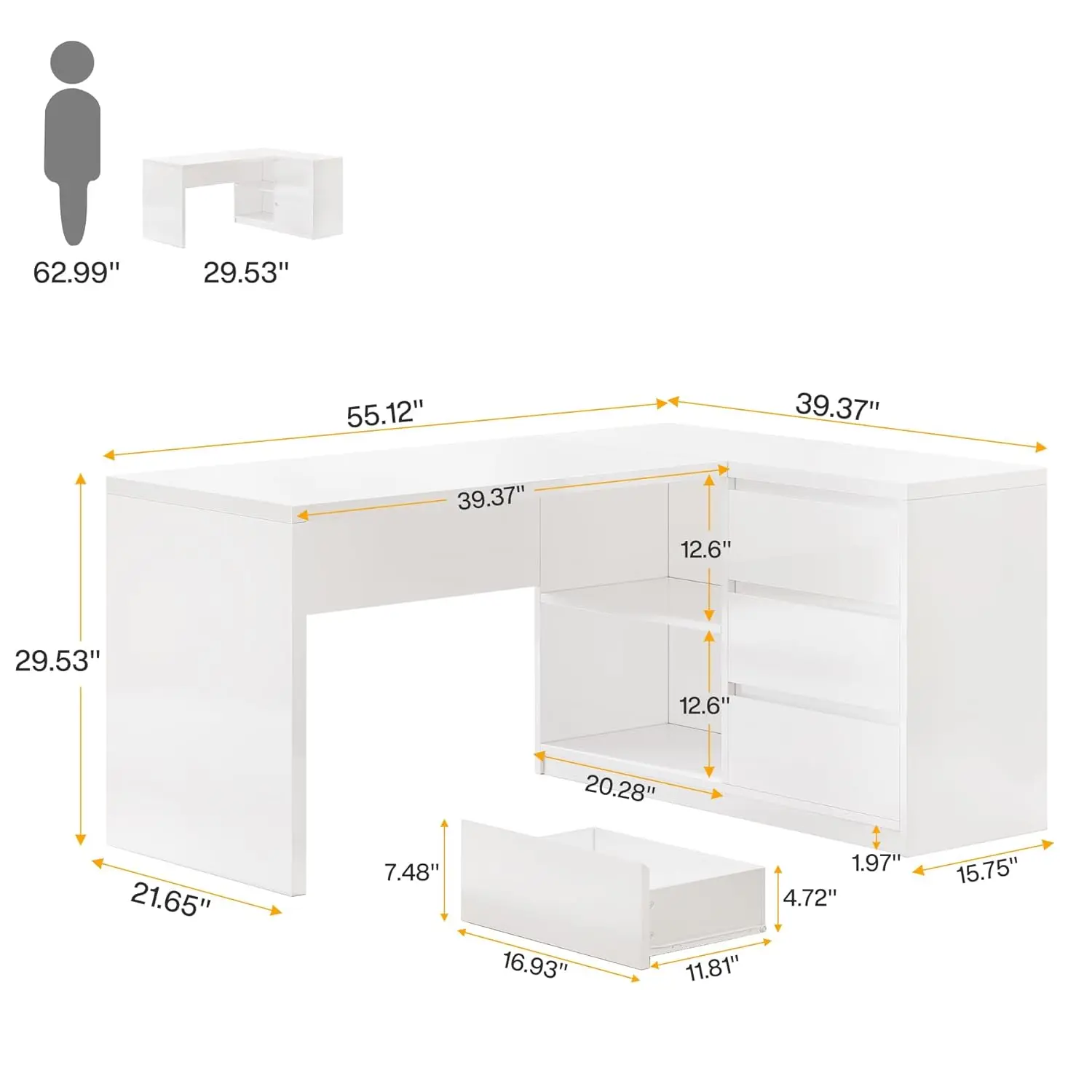 White L-Shaped Computer Desk with 3 Drawers, 55-Inch Modern Gloss Corner Home Office Executive Desk with LED Lights, Customized
