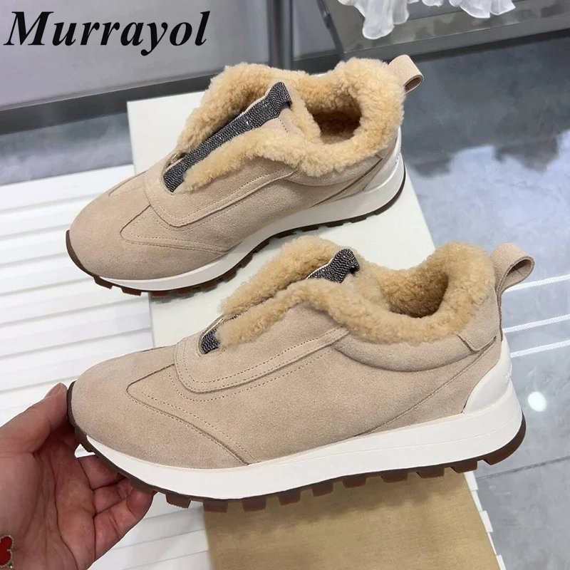 

Plush Lining Solid Color Thick Bottom Casual Shoes Women String Bead Decor Flat Shoes Four Seasons Sneakers Tennis Shoes