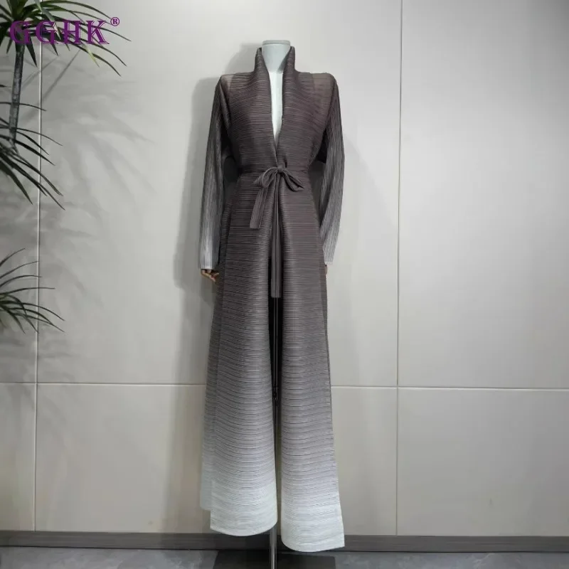 GGHK Pleated Women Luxury Abaya 2025 Spring Autumn New Lapel Long-sleeved Gradient Color Retro Design Loose Big Yards Arab Abaya