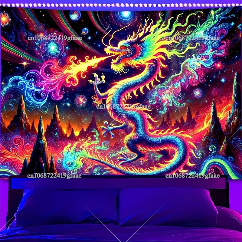 Tapiz de dragón con luz negra de fuego, galaxia reactiva UV, espacio que brilla en la oscuridad, tapices luminosos, fondos de neón, decoración estética para habitación