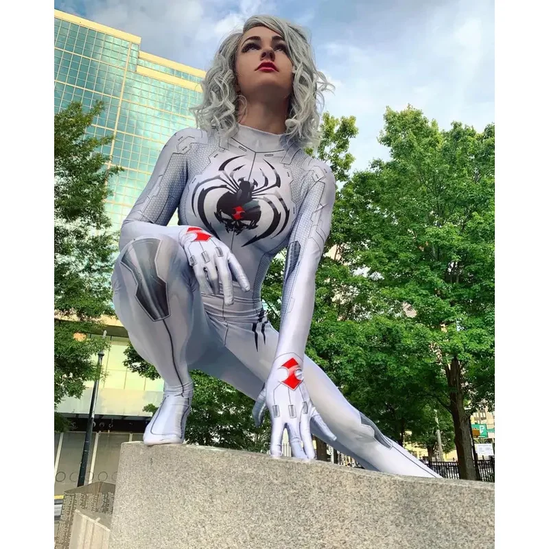 ฮาโลวีน Black Widow คอสเพลย์เครื่องแต่งกายหญิงสาวสีขาว Jamie Black Widow Catsuit Zentai สูทผู้ใหญ่เด็ก Party Bodysuit @ 0Z *