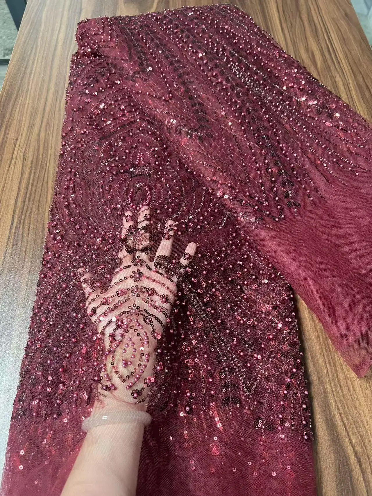 Red Beaded Sequins Tulle Lace Fabric Africa Nigeria Wedding Party Dress White Sequence Embroidered Lace Fabric for Sewing KB5597
