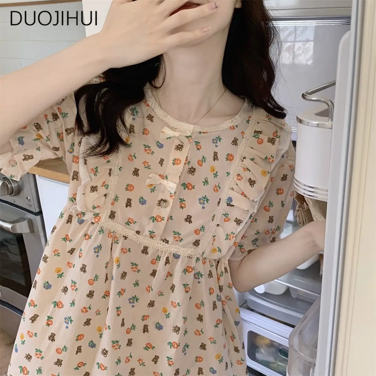 DUOJIHUI-Pyjama imprimé chic pour femme, pyjama décontracté pour la maison, pull basique, simple, court, mode, doux, ensemble de pyjama féminin, nouveau, été