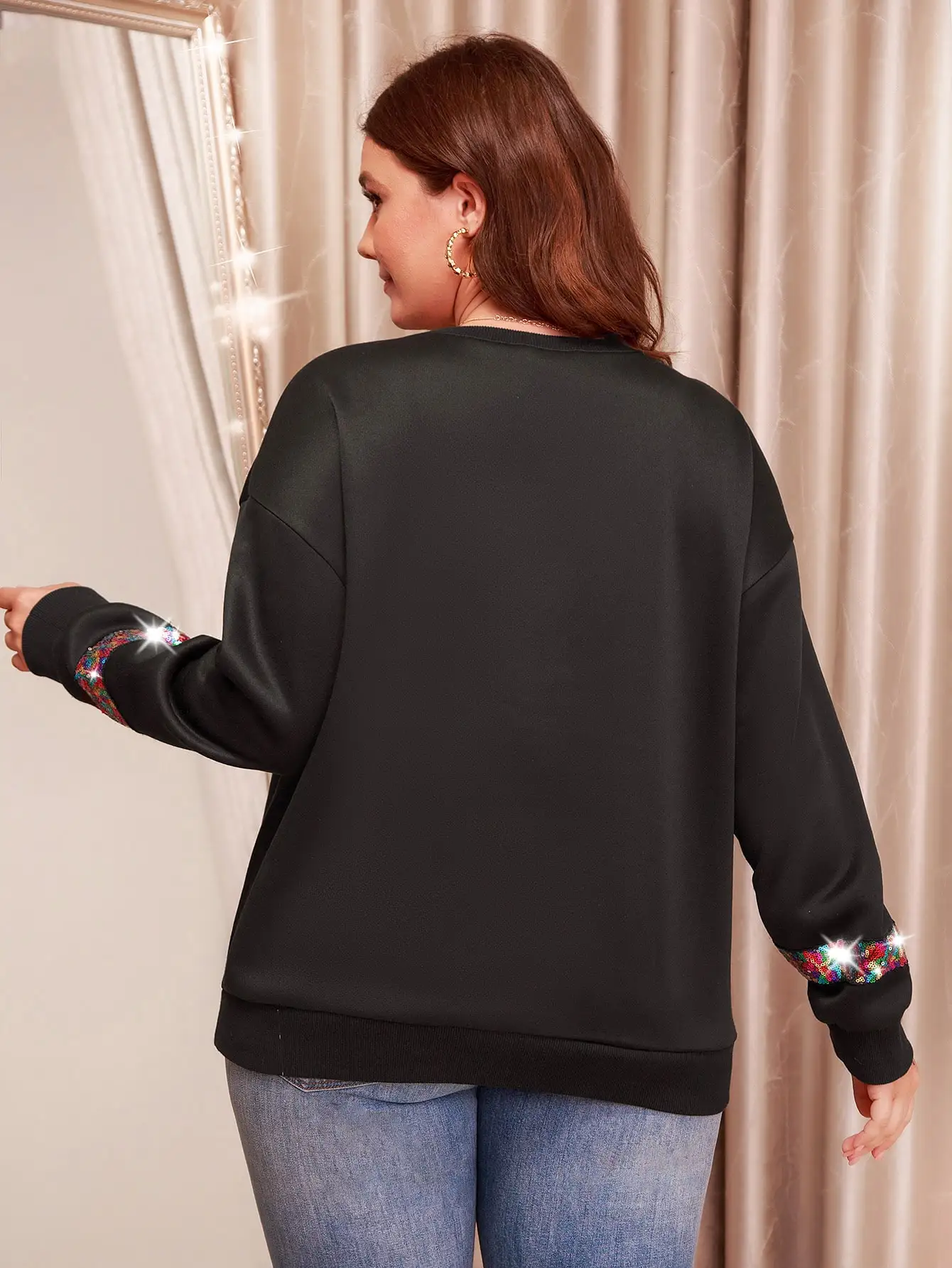 Women's Plus Size Sequin Cuff Sweatshirt, Casual Crew Neck Long Sleeve Top, Black Loose Pullover With Sparkly Sleeves For Ladies