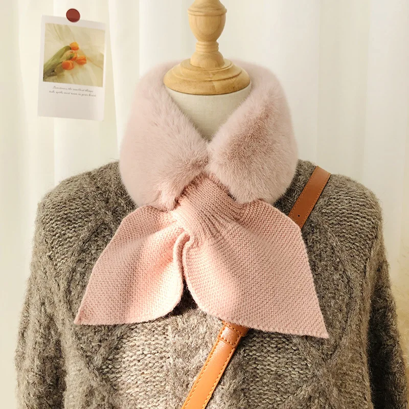 Korean Solid Faux Rabbit Fur False Collar Cross Plush Scarf Woman Winter Outdoor Wool Knit Thicken Neck Protect Warm Scarve  O77