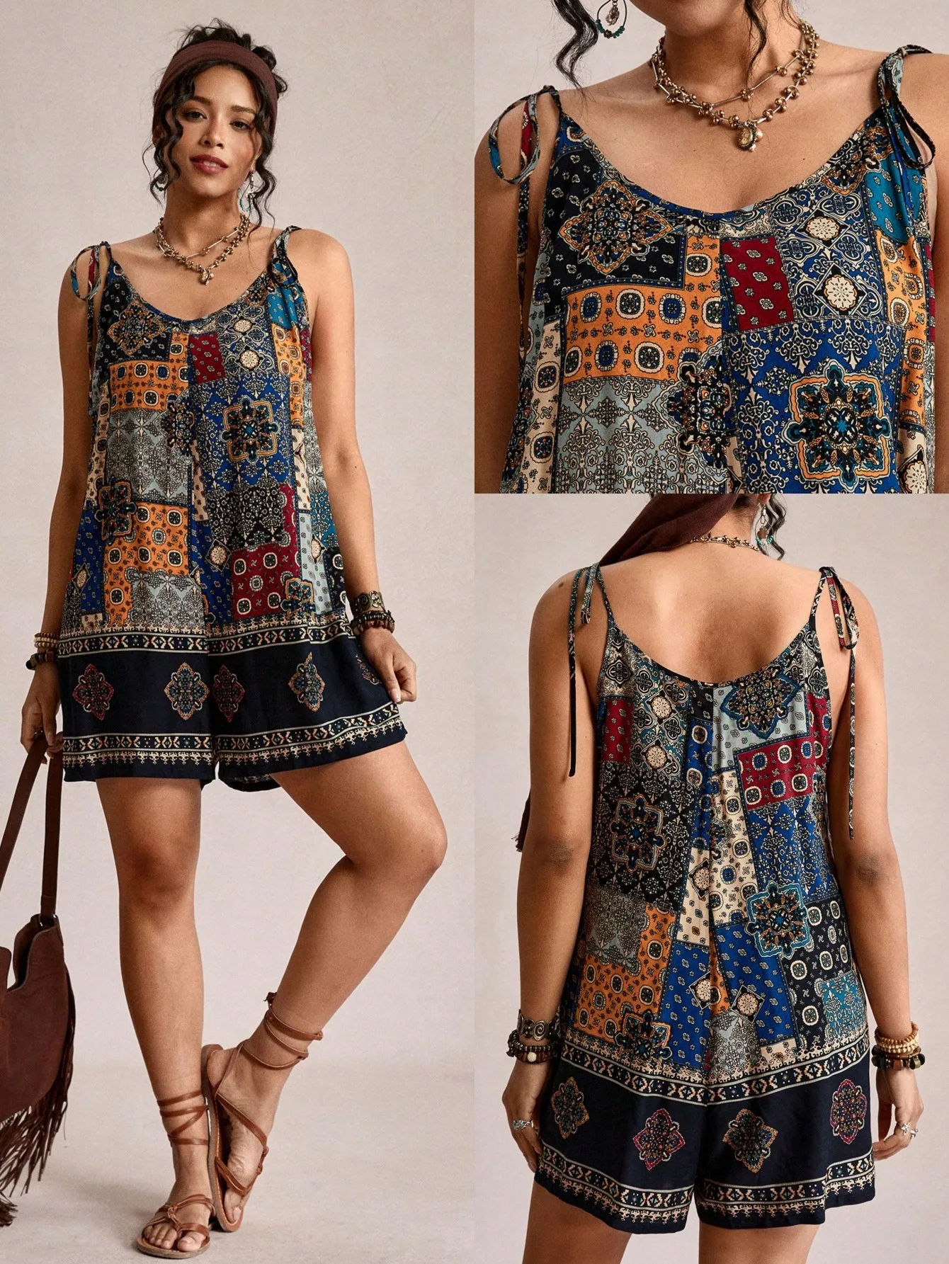 

Bohemian Patchwork Sleeveless Romper For Women Summer Beach Vacation Outfit