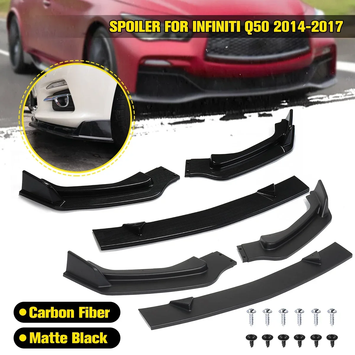Frontstoßstange Carbonfaser/Matt Schwarz PP Kinnlippen-Spoiler Splitter Schutzleiste für INFINITI Q50 2014-2017