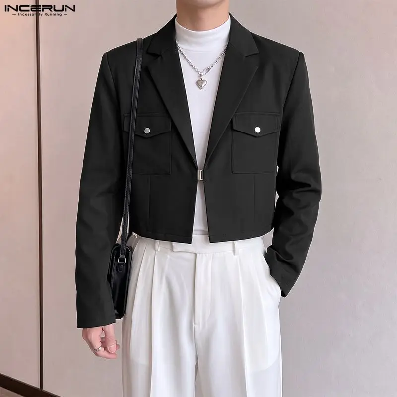 INCERUN Men's Blazer Solid Color Lapel Long Sleeve One Button Casual Male Suit Streetwear Fashion Leisure Crop Blazer For Man