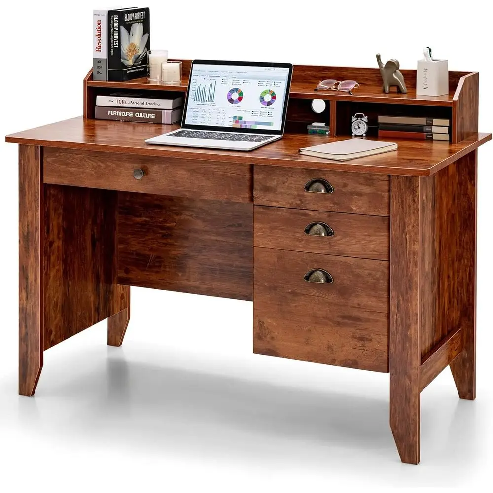 

Винтажный деревянный письменный стол в деревенском стиле, коричневый, с навесной полкой, компактный стол для ноутбука (48 дюймов), с ящиками для хранения и полками, для домашнего офиса