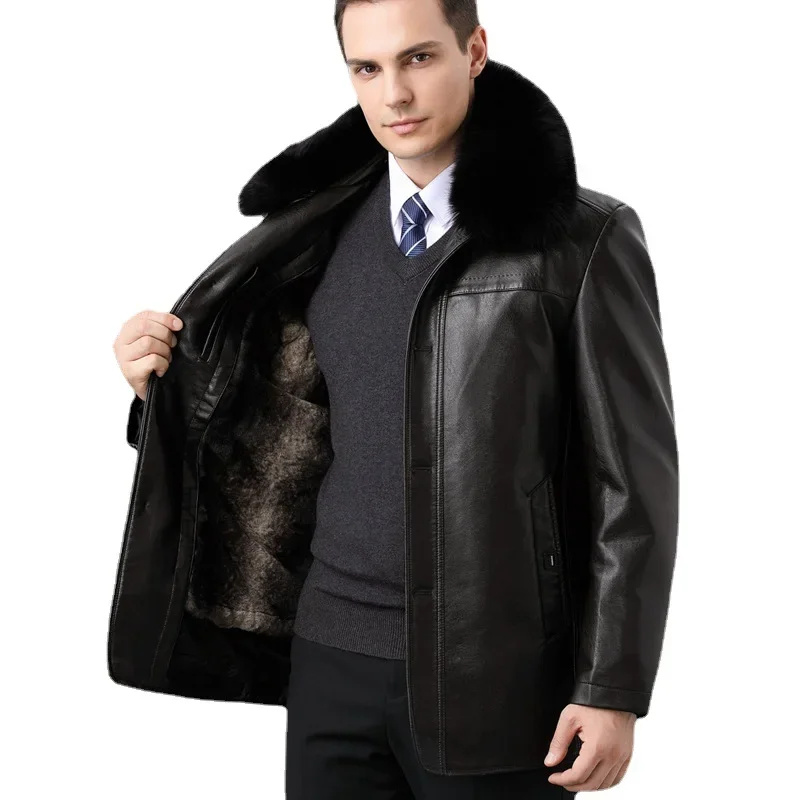 Winter Men's Detachable Inner Lining Jacket Buttoned Wool Overcoat Thickened Fleece-Lined Genuine Leather Coat From China