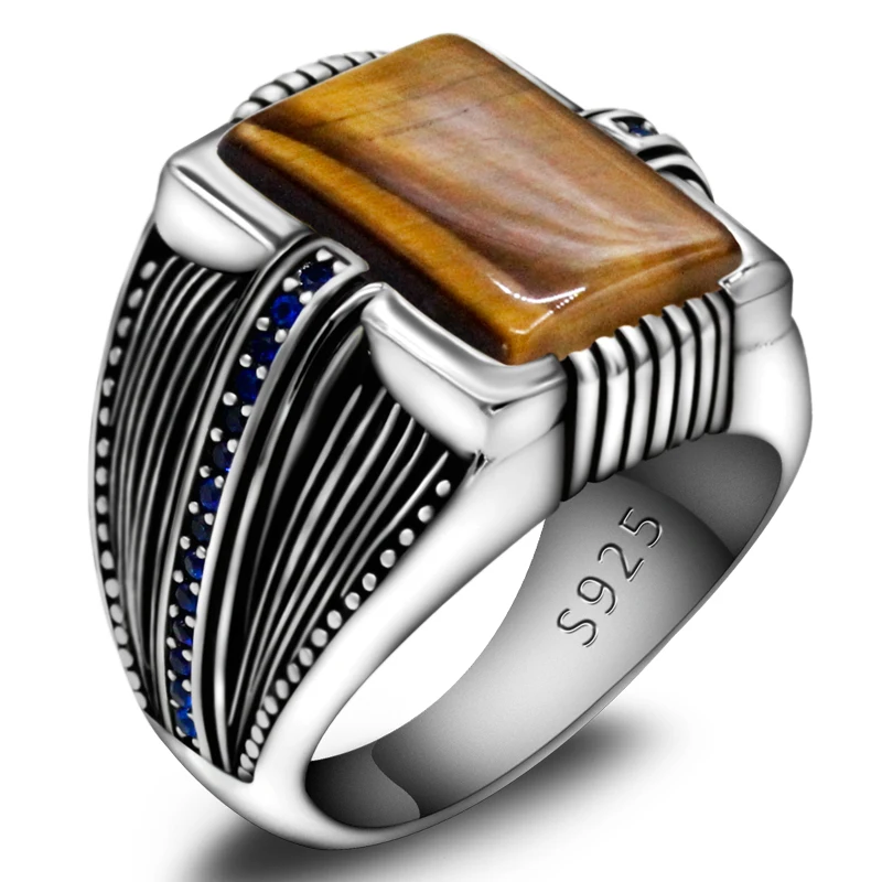 S925 الفضة النقية الرجال اليدوية خاتم حجر عين النمر الطبيعي المرأة ريترو T Ükiye مجوهرات الأزياء هدية حفلة عيد ميلاد #1