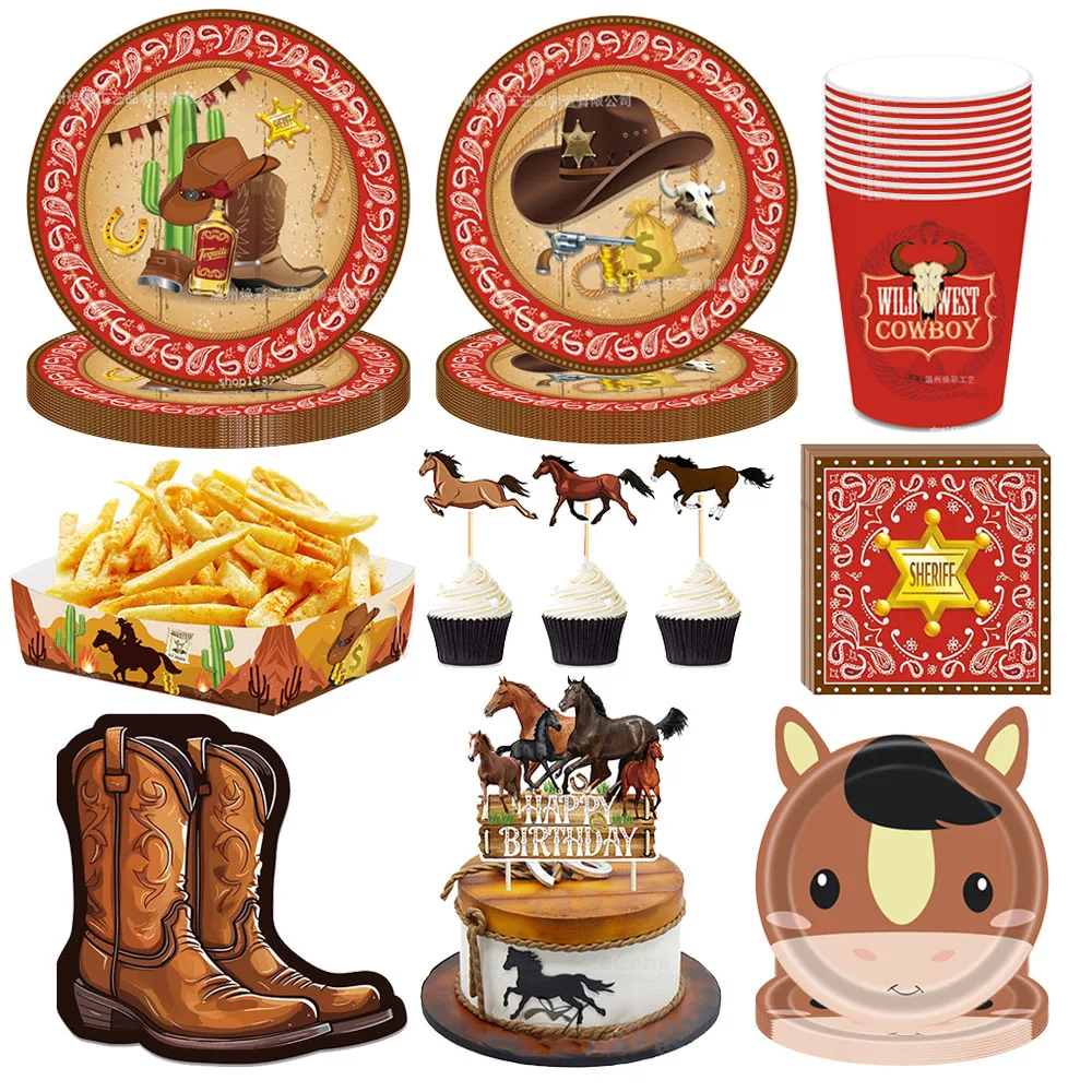 Western Cowboy Thema Einweg Geschirr Teller Tasse Serviette Tablett Kuchen Topper Jungen Pferderennen Geburtstag Party Dekor – Detail 1