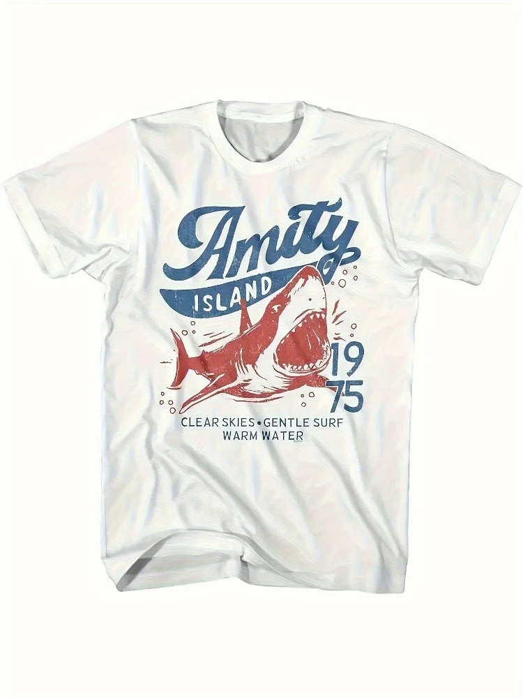

Men's friendly island shark pattern-retro 1975 beach surfing design, cotton breathable casual short-sleeved T-shirt.